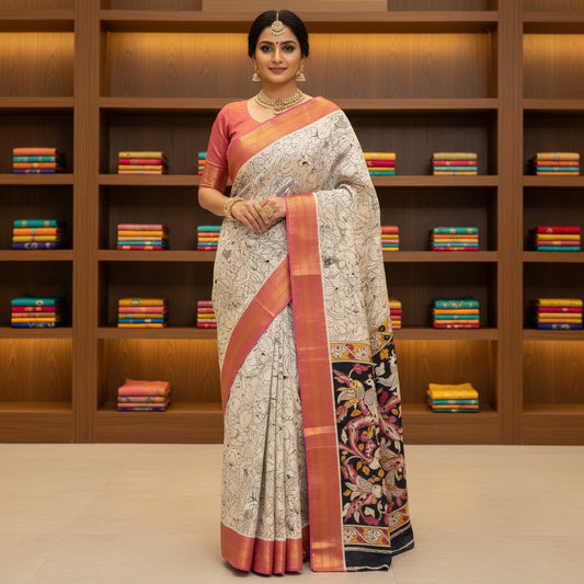 Half white kalamkari mangalagiri silk kanchi border saree