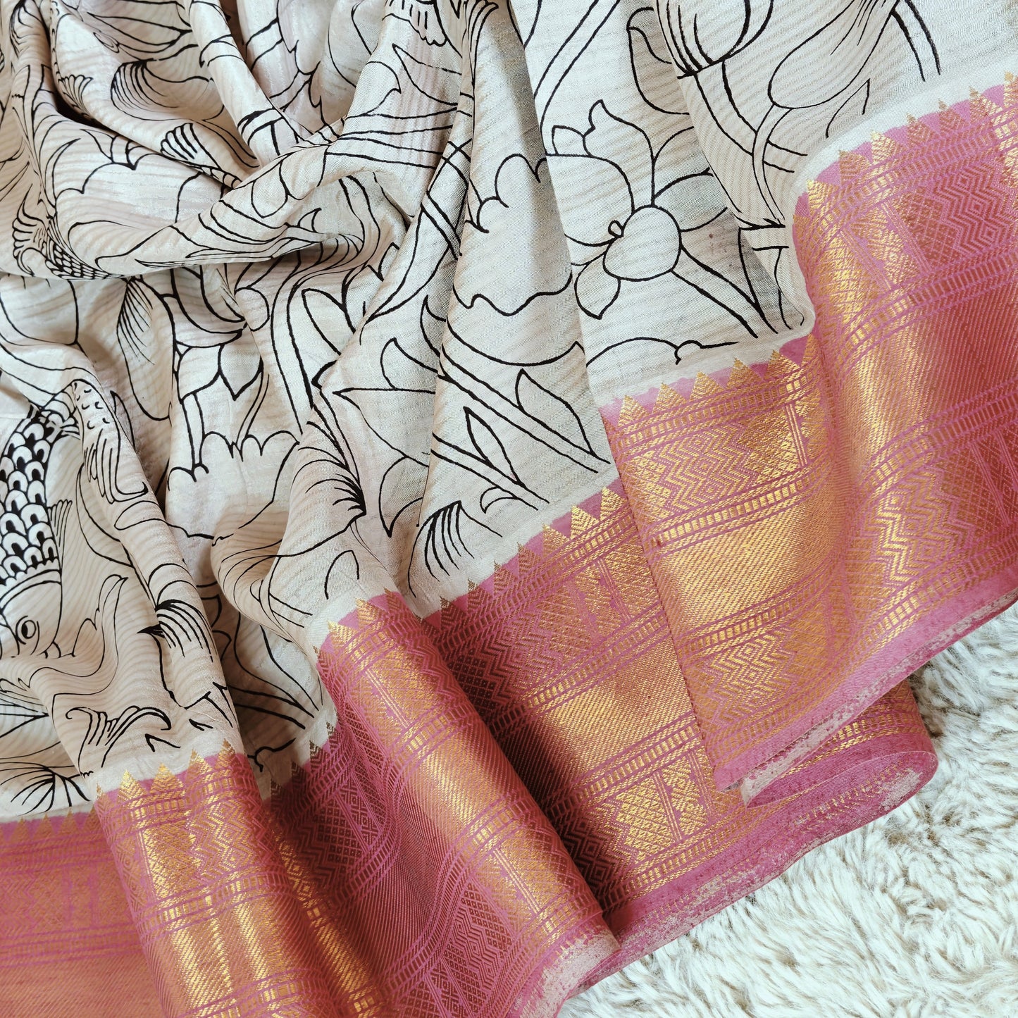 Half white kalamkari mangalagiri silk kanchi border saree