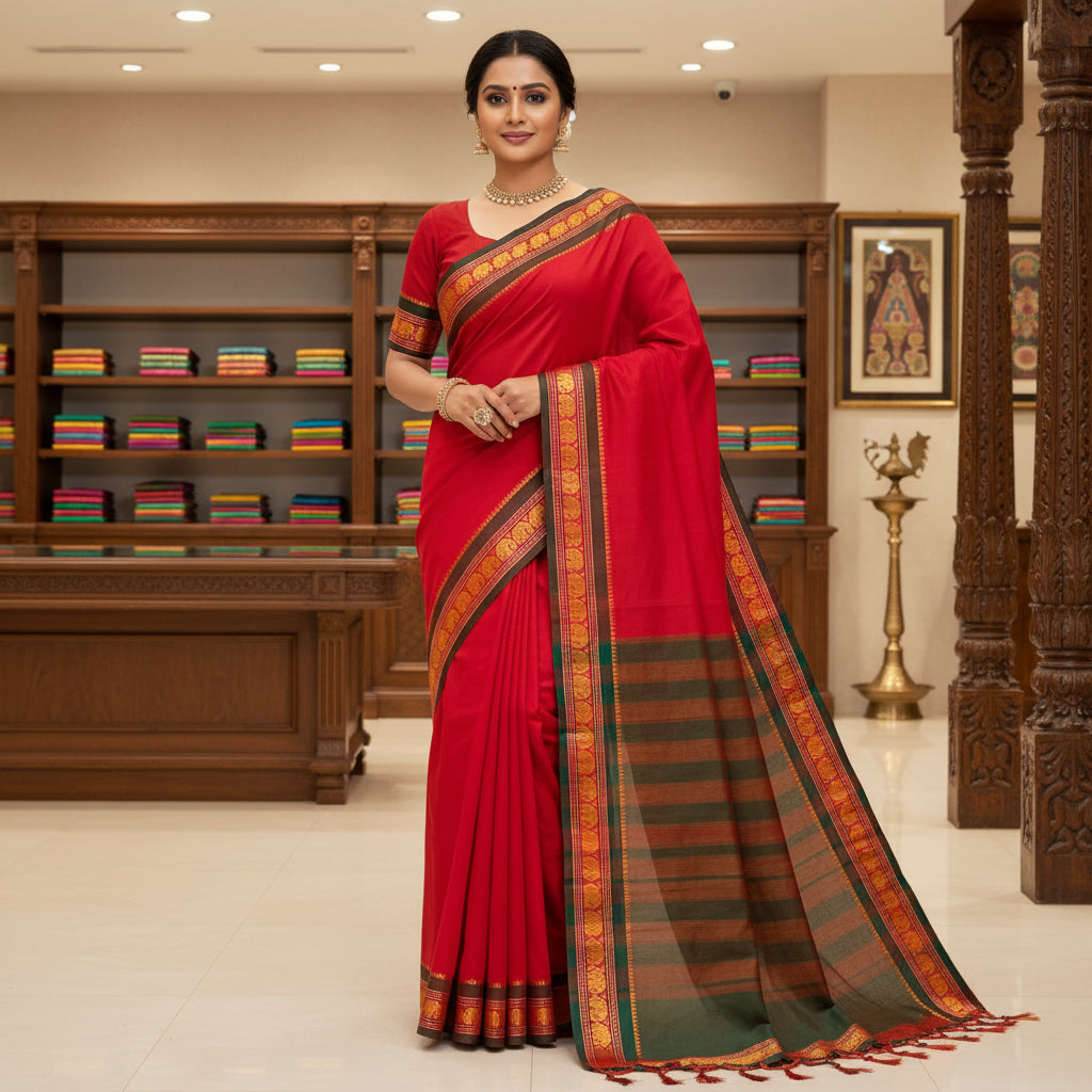 Red pure narayanpet cotton saree