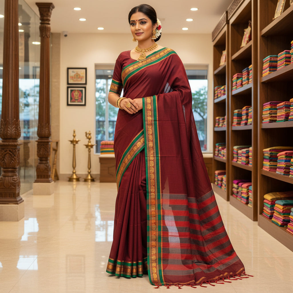 Maroon Pure Narayanpet cotton saree