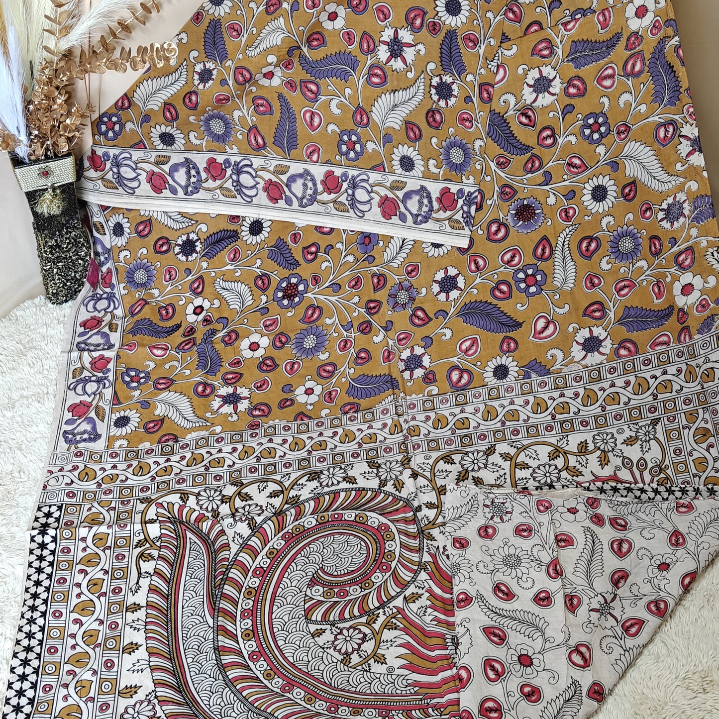 yellow kalamkari mul cotton saree
