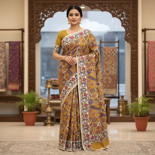 yellow kalamkari mul cotton saree