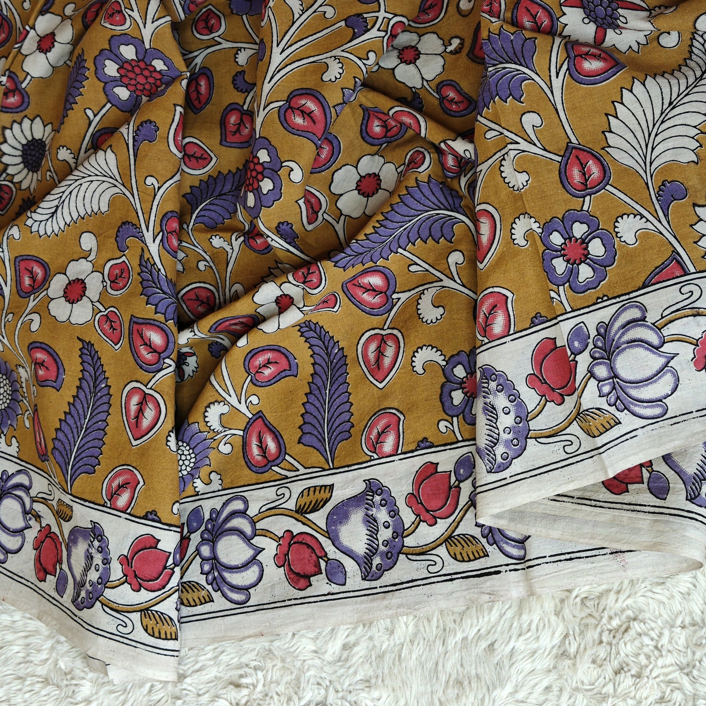 yellow kalamkari mul cotton saree