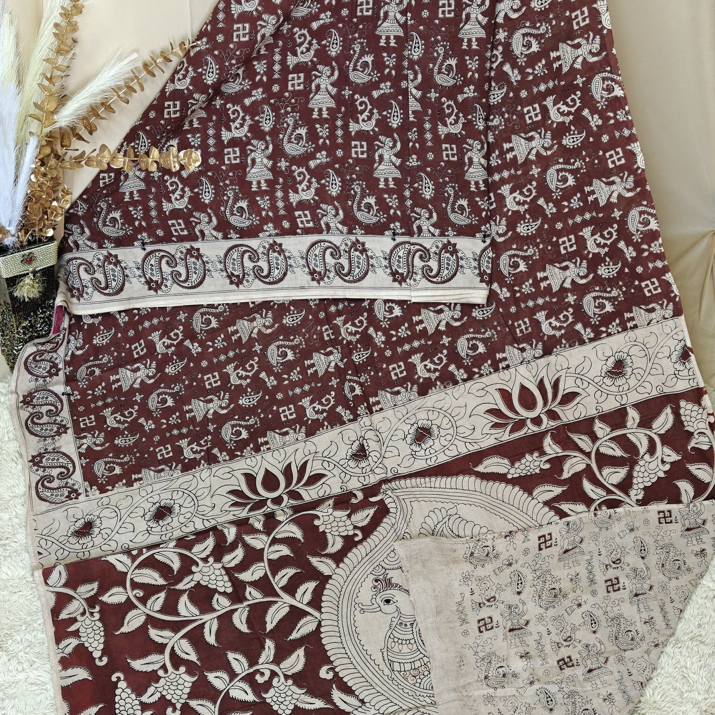 brown kalamkari mul cotton saree