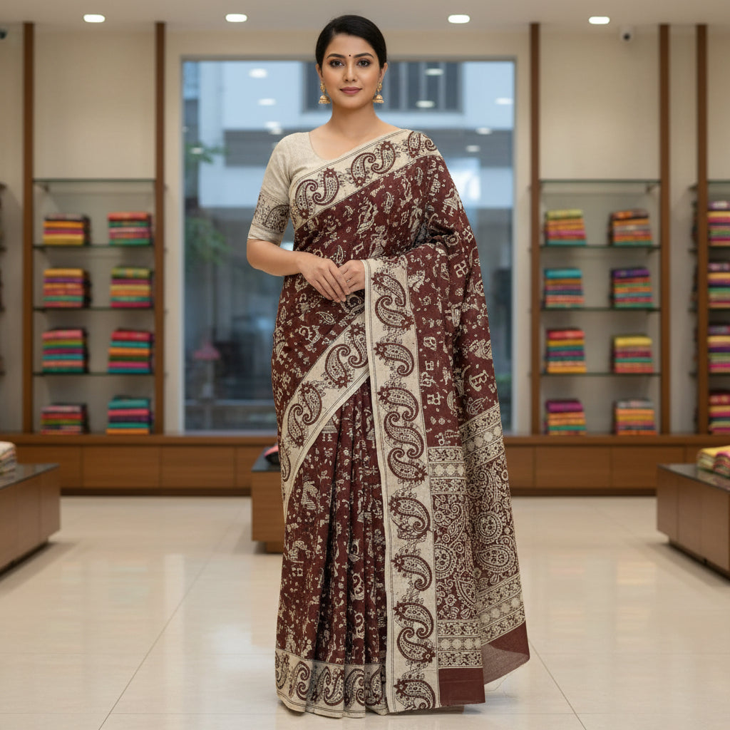 brown kalamkari mul cotton saree