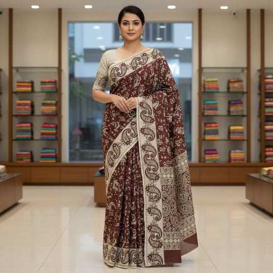 brown kalamkari mul cotton saree