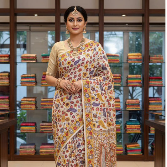 half white kalamkari mul cotton saree