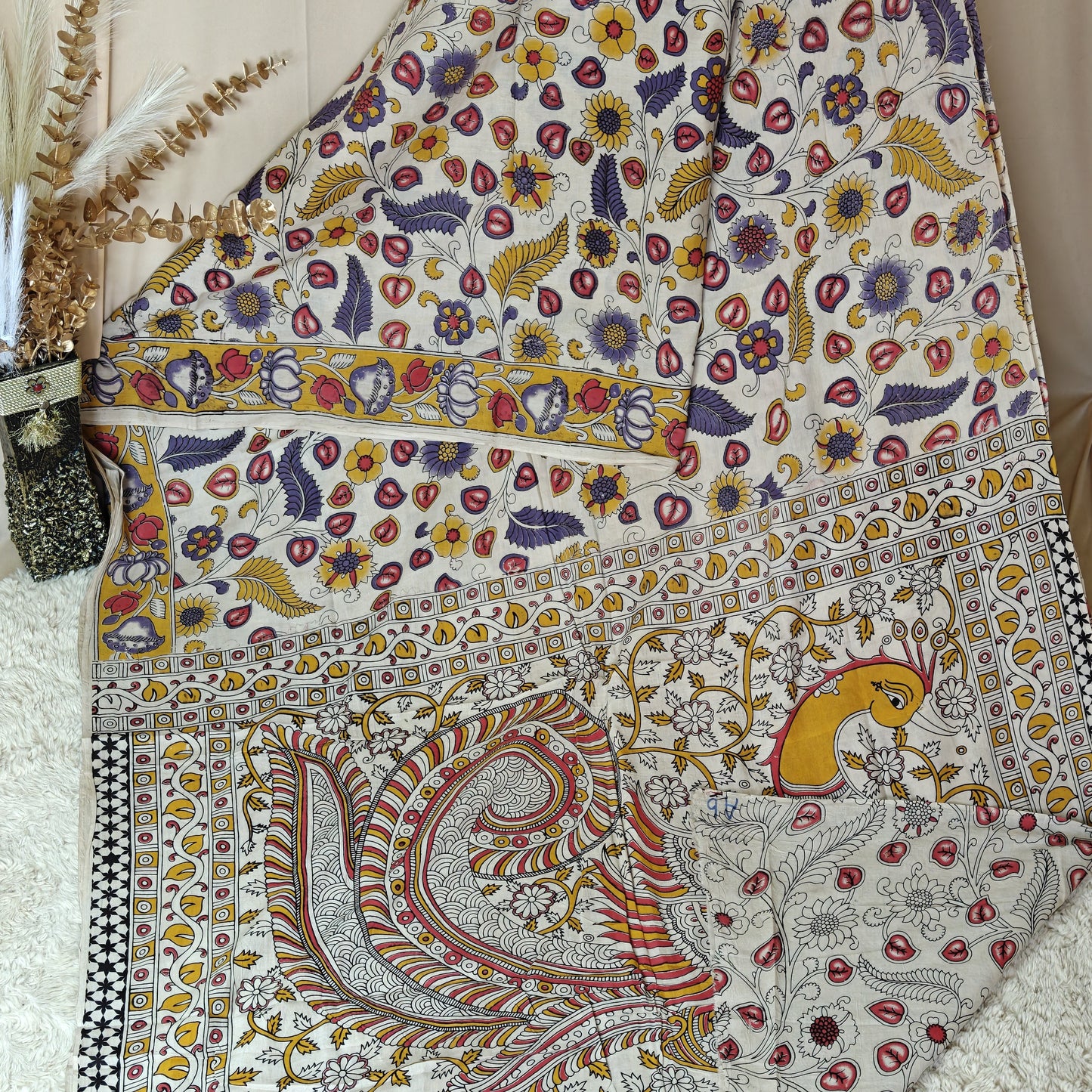 half white kalamkari mul cotton saree