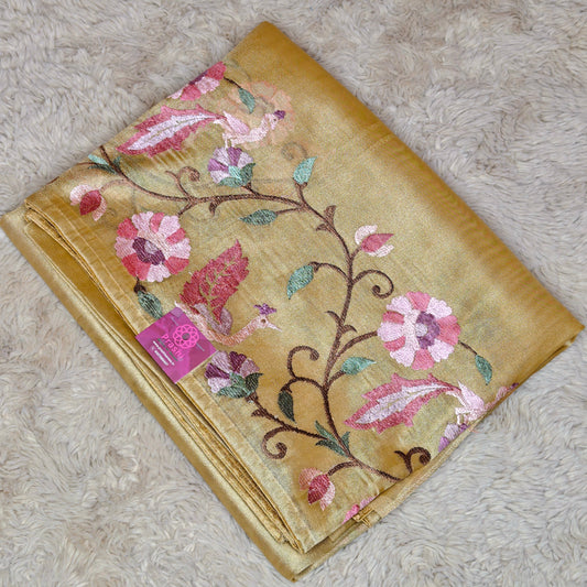 Golden yellowsh tissue floral embroidery saree