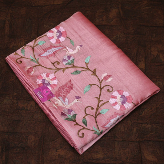 Peach pink tissue floral embroidery saree