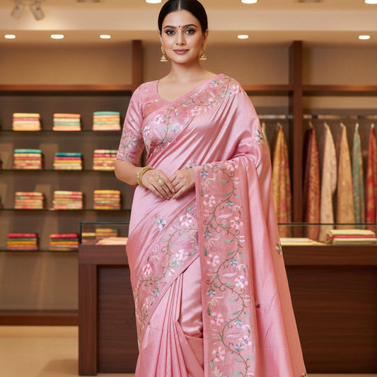 Peach pink tissue floral embroidery saree