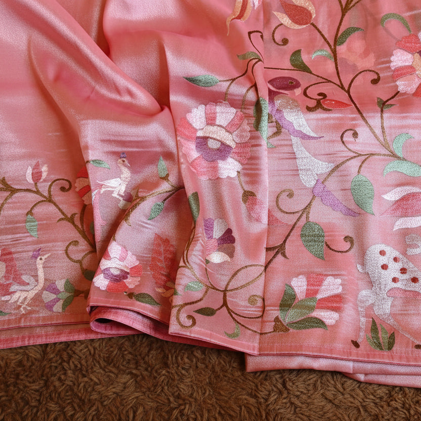 Peach pink tissue floral embroidery saree