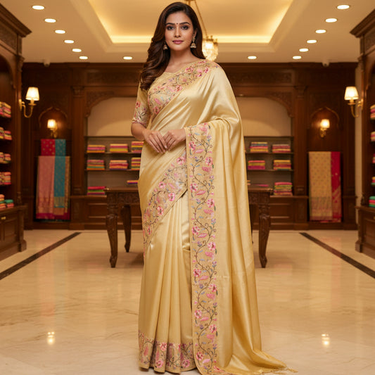 Golden yellowsh tissue floral embroidery saree