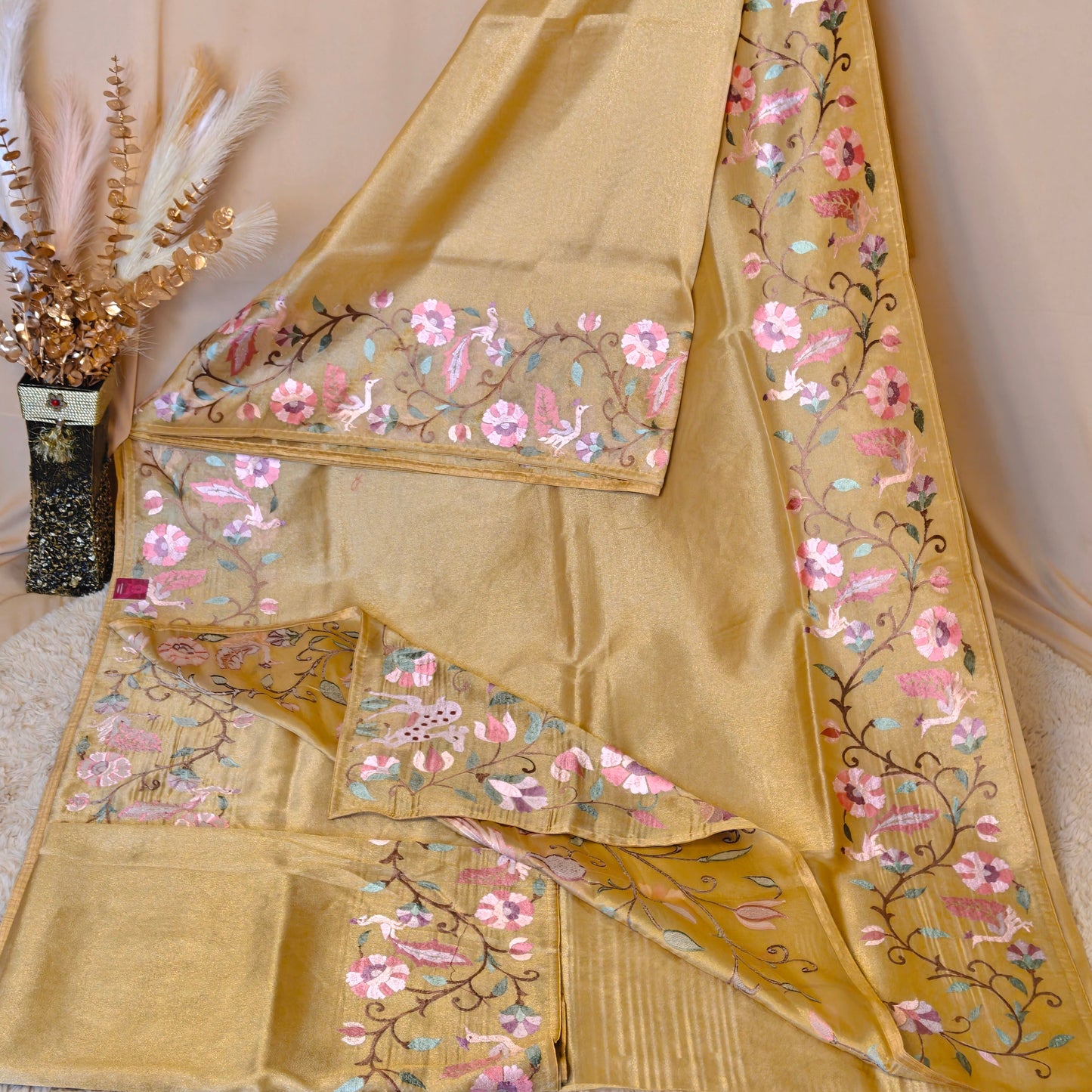 Golden yellowsh tissue floral embroidery saree