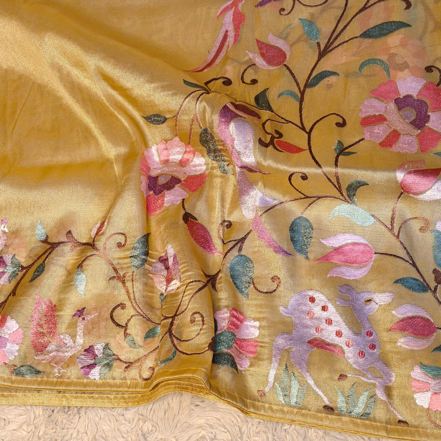 Golden yellowsh tissue floral embroidery saree