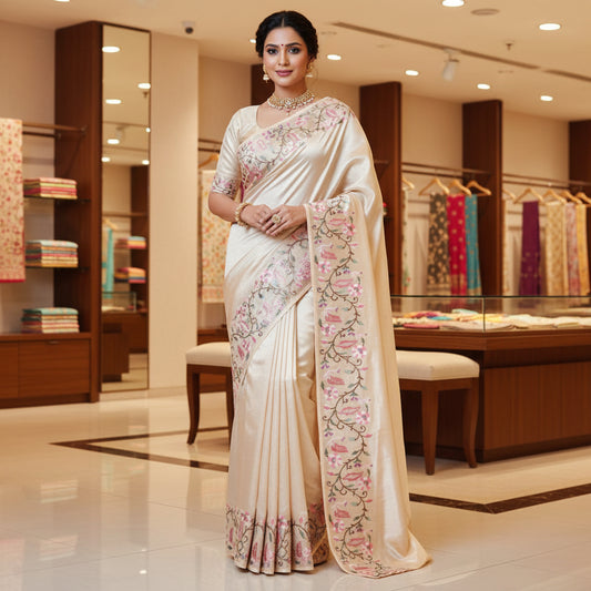 CREAM tissue floral embroidery saree