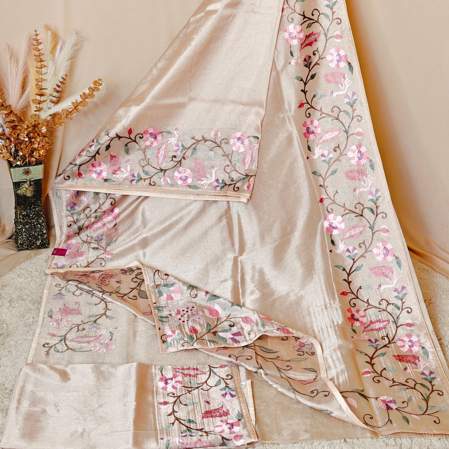 CREAM tissue floral embroidery saree