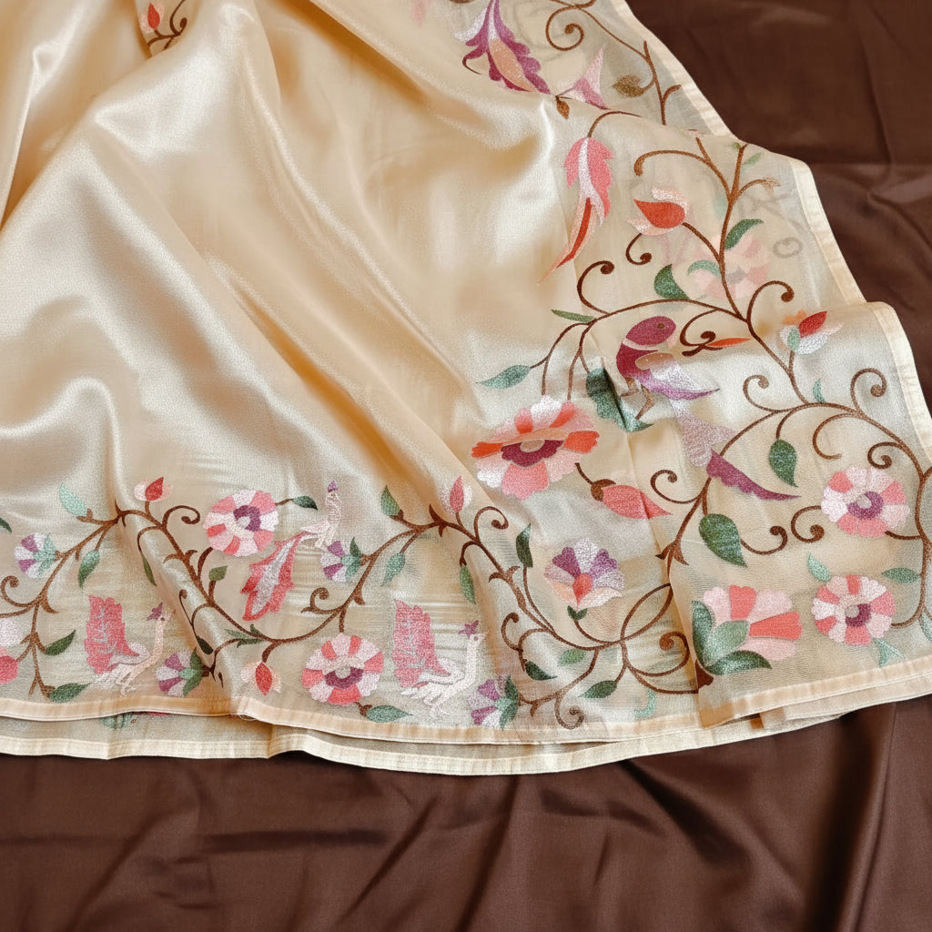 CREAM tissue floral embroidery saree