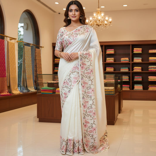 White tissue floral embroidery saree