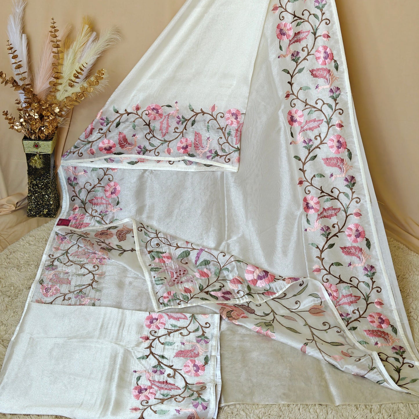 White tissue floral embroidery saree