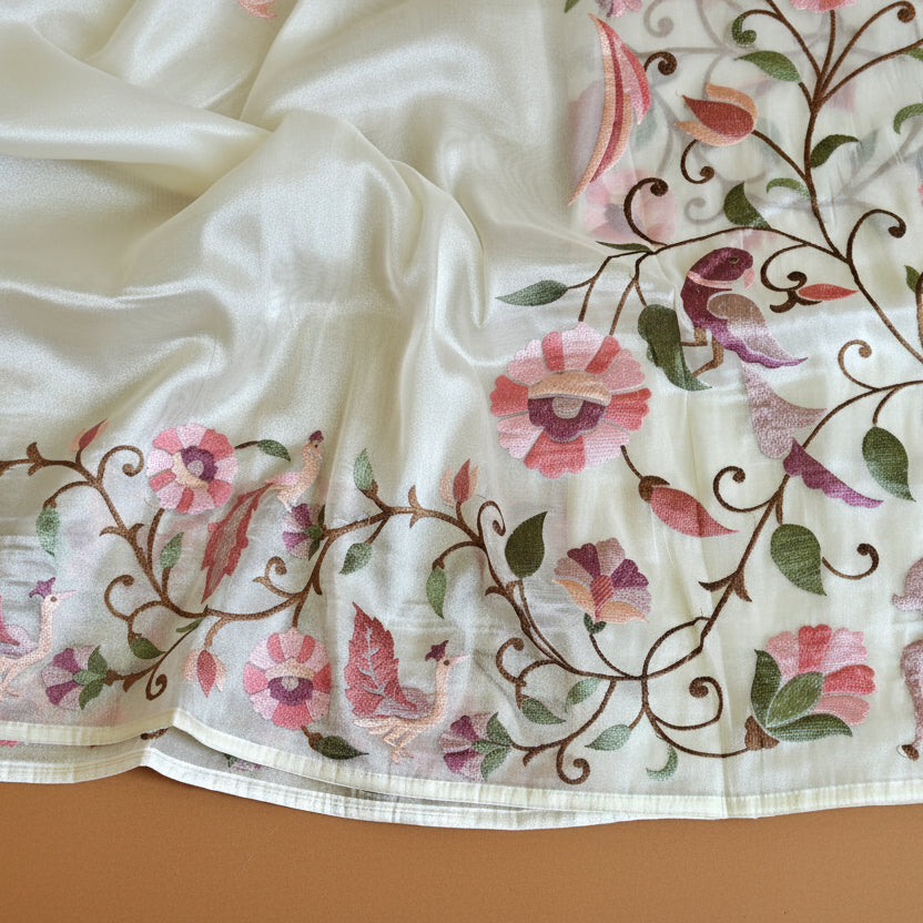 White tissue floral embroidery saree