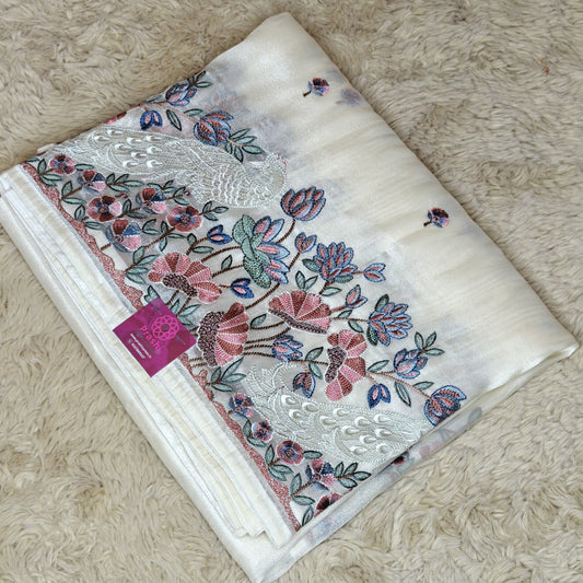 White tissue peacock embroidery saree