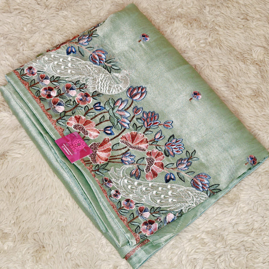 Pista green tissue peacock embroidery saree
