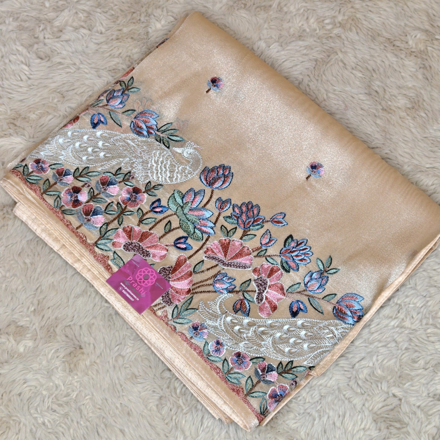 Beige tissue peacock embroidery saree