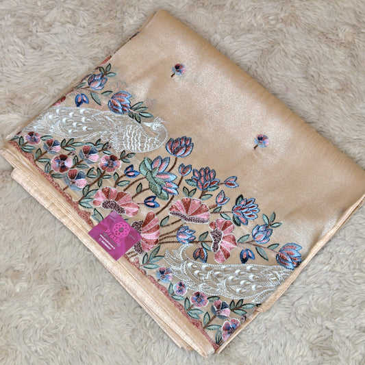 Beige tissue peacock embroidery saree
