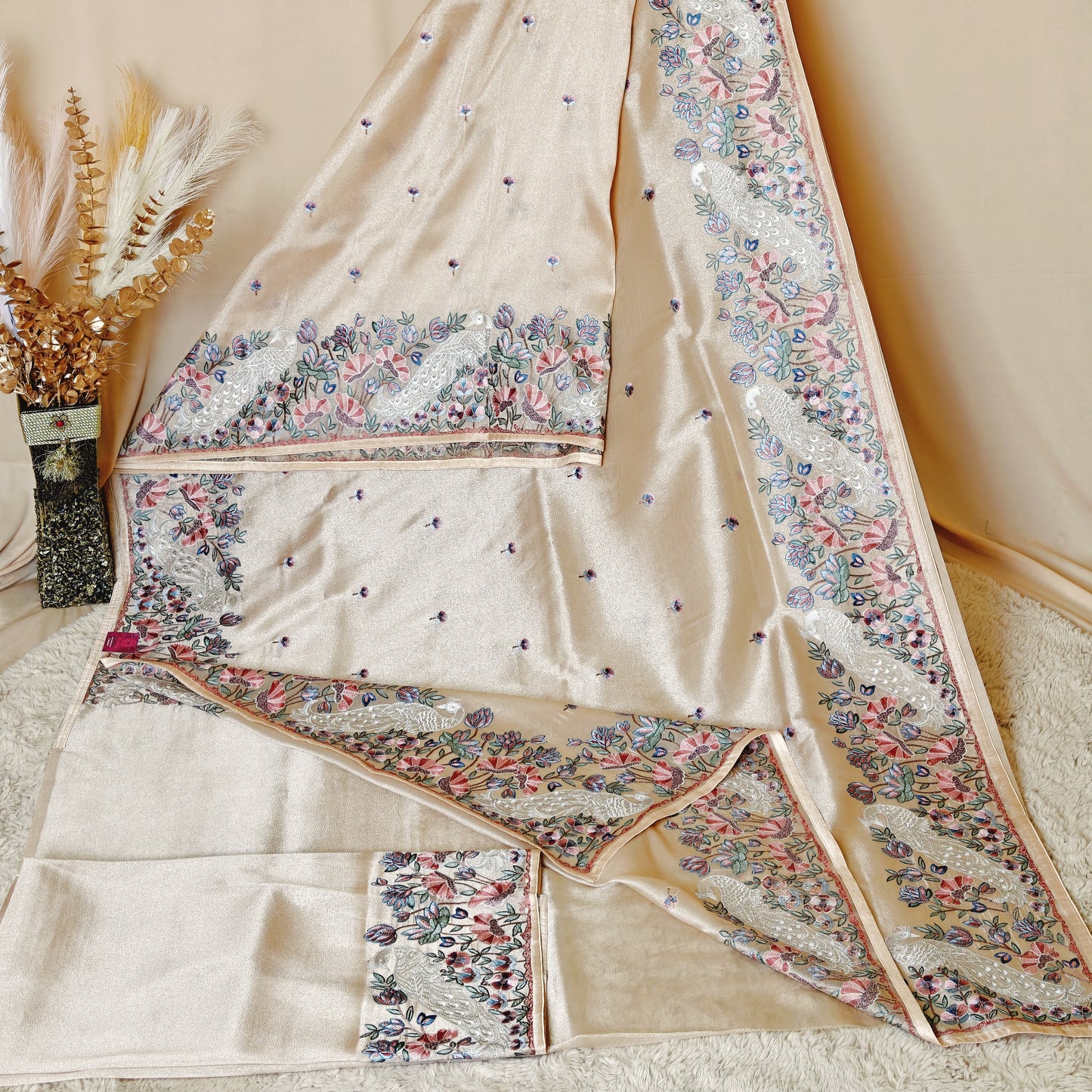 Beige tissue peacock embroidery saree