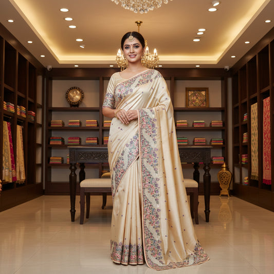Beige tissue peacock embroidery saree