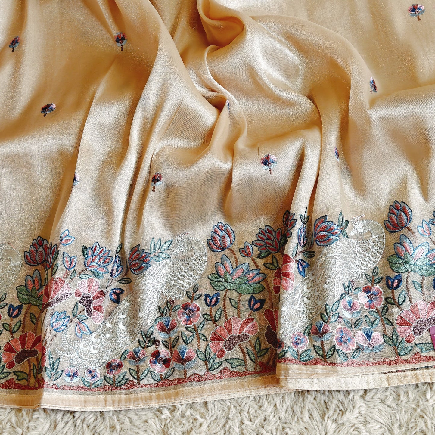 Beige tissue peacock embroidery saree