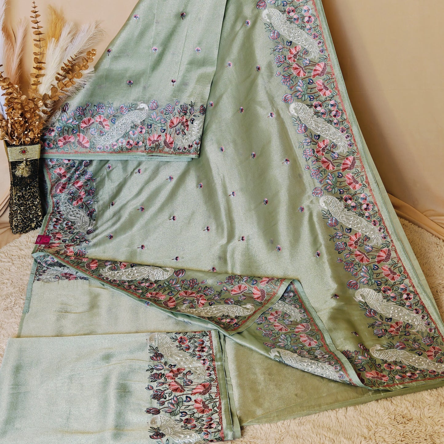 Pista green tissue peacock embroidery saree