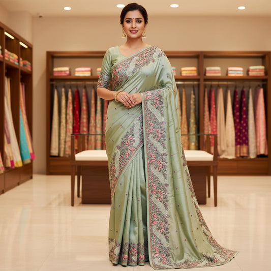 Pista green tissue peacock embroidery saree
