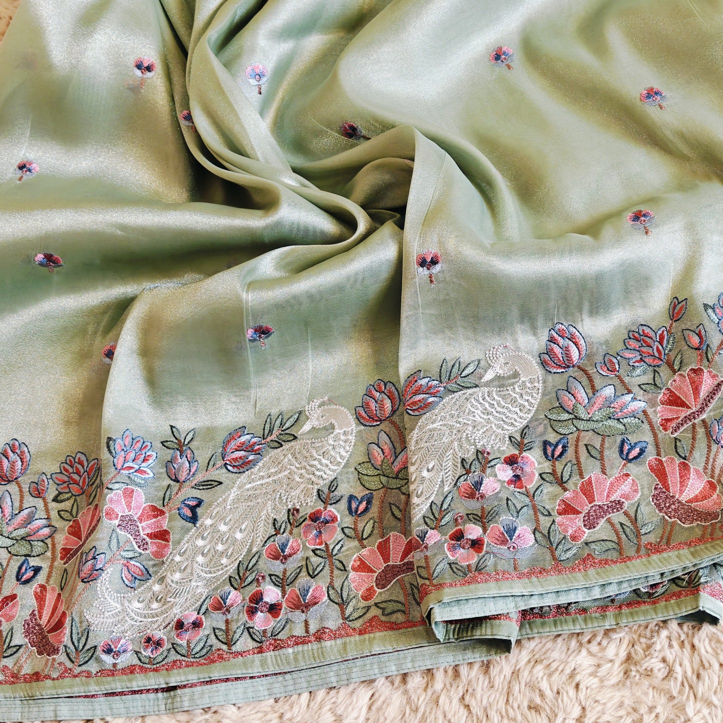 Pista green tissue peacock embroidery saree