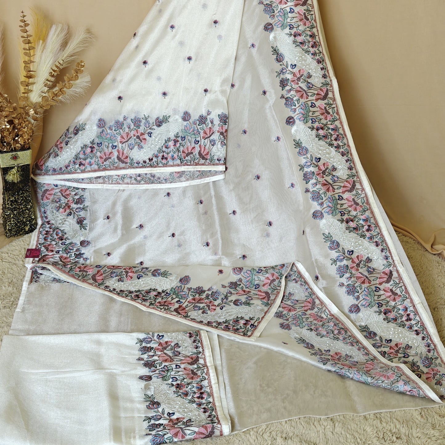 White tissue peacock embroidery saree