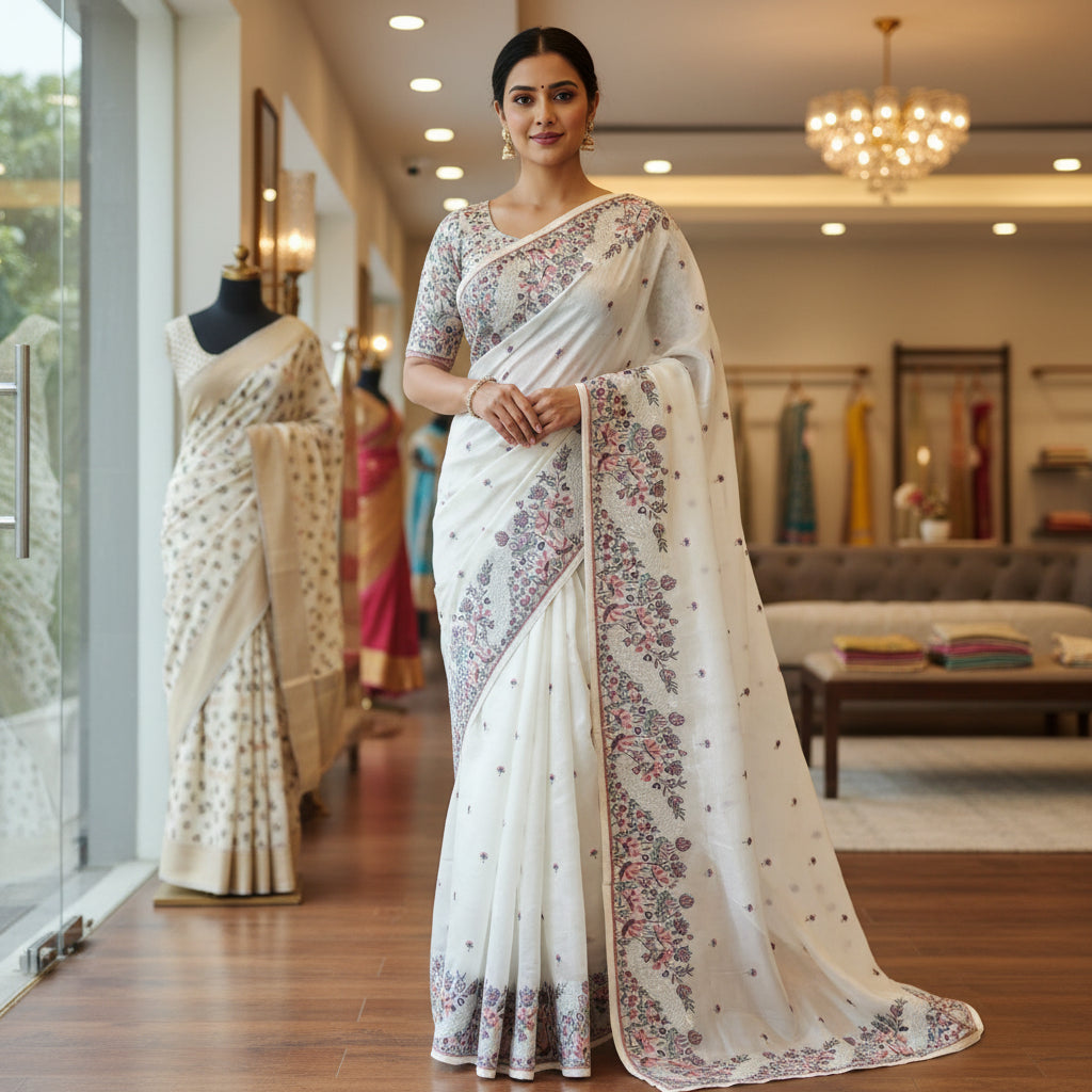 White tissue peacock embroidery saree