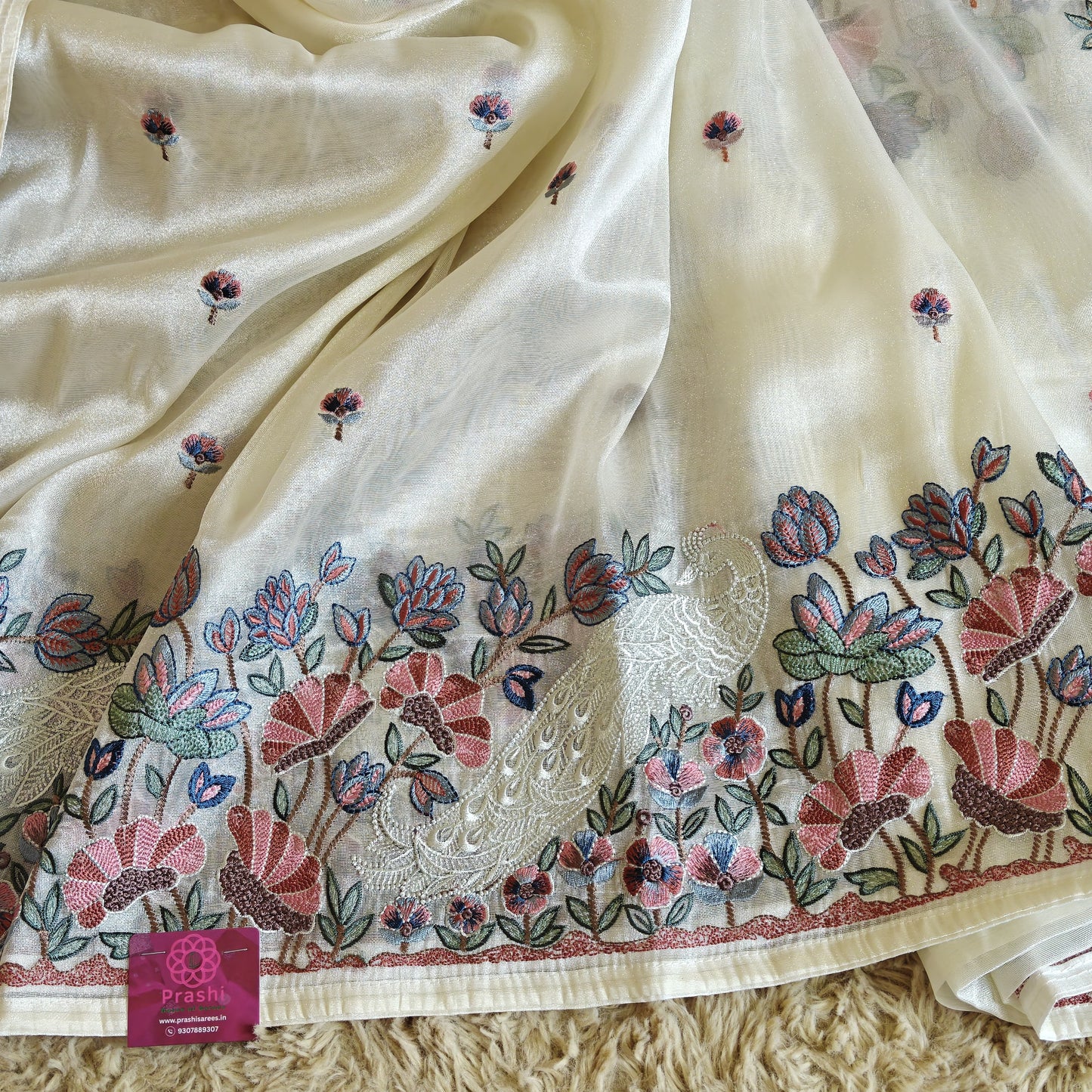 White tissue peacock embroidery saree