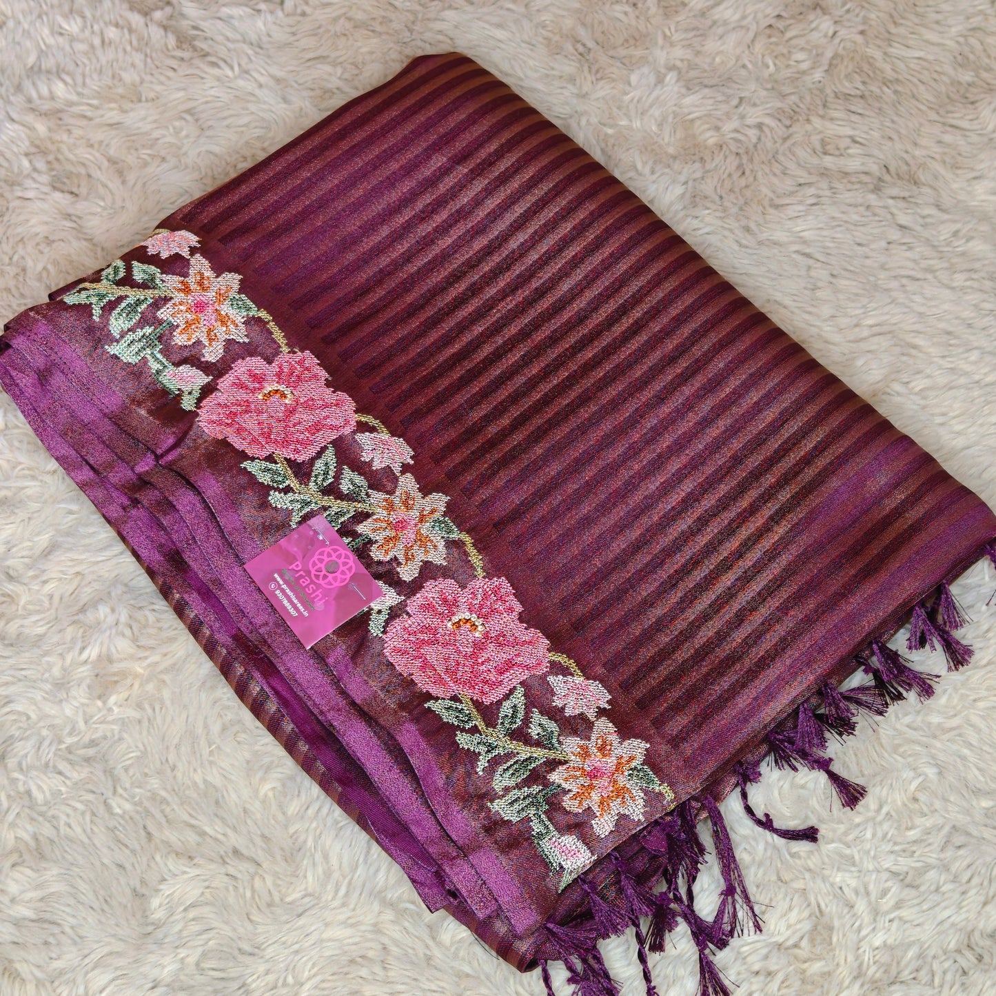 Purple viscose tissue embroidery saree