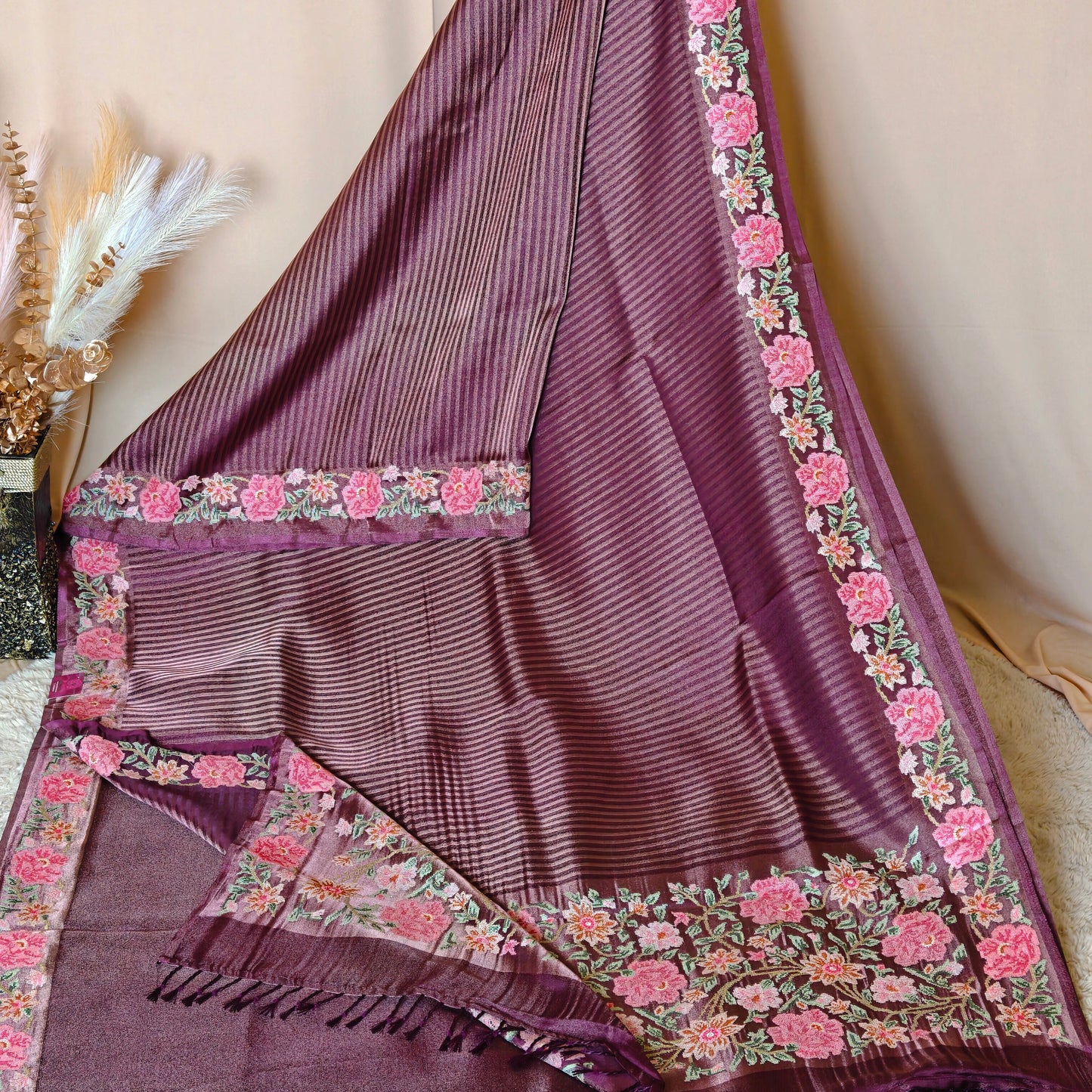 Purple viscose tissue embroidery saree