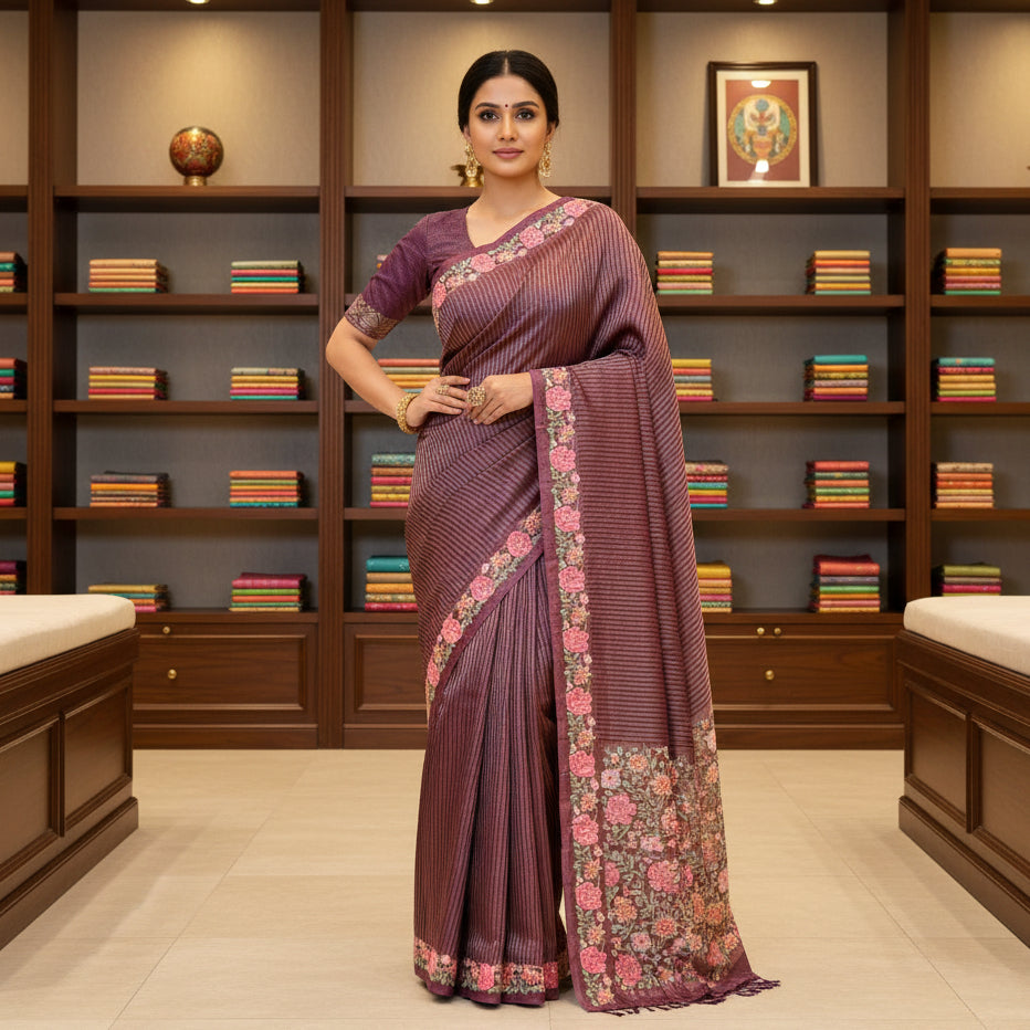Purple viscose tissue embroidery saree