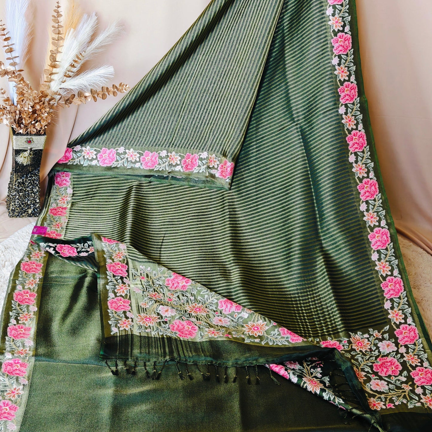 Green viscose tissue embroidery saree