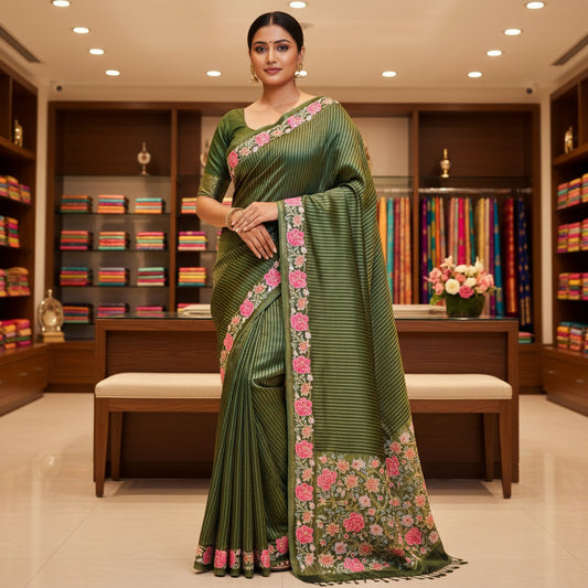 Green viscose tissue embroidery saree