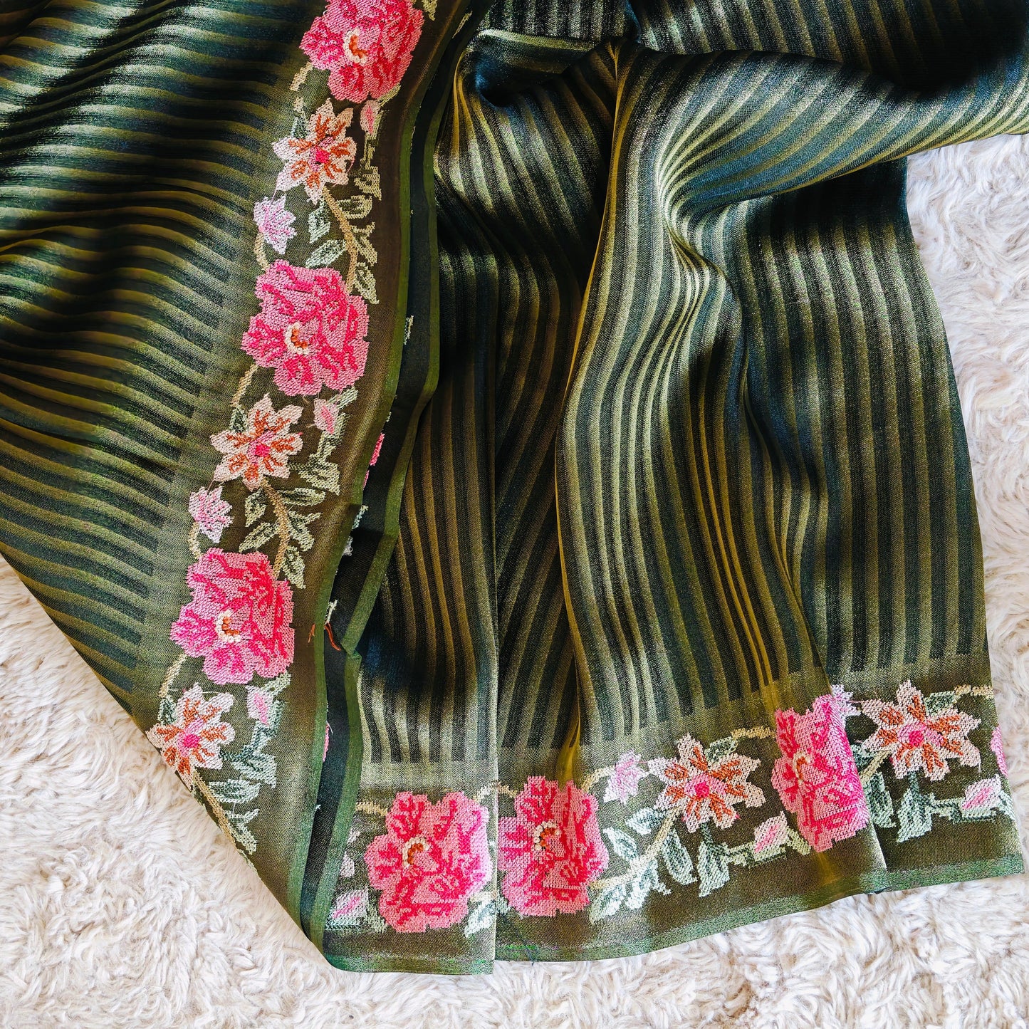 Green viscose tissue embroidery saree