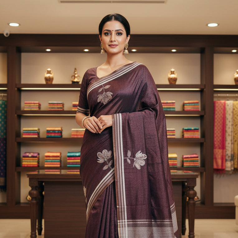 Brown chanderi work saree