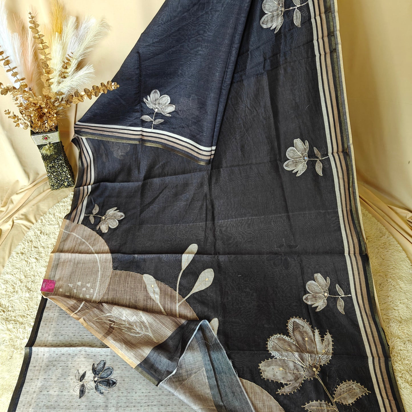Black chanderi work saree