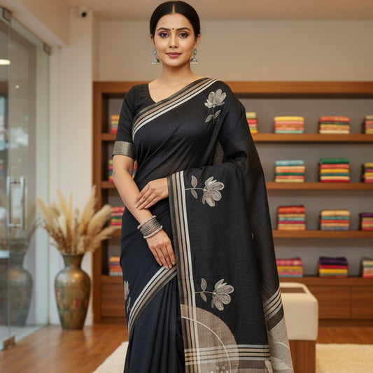 Black chanderi work saree