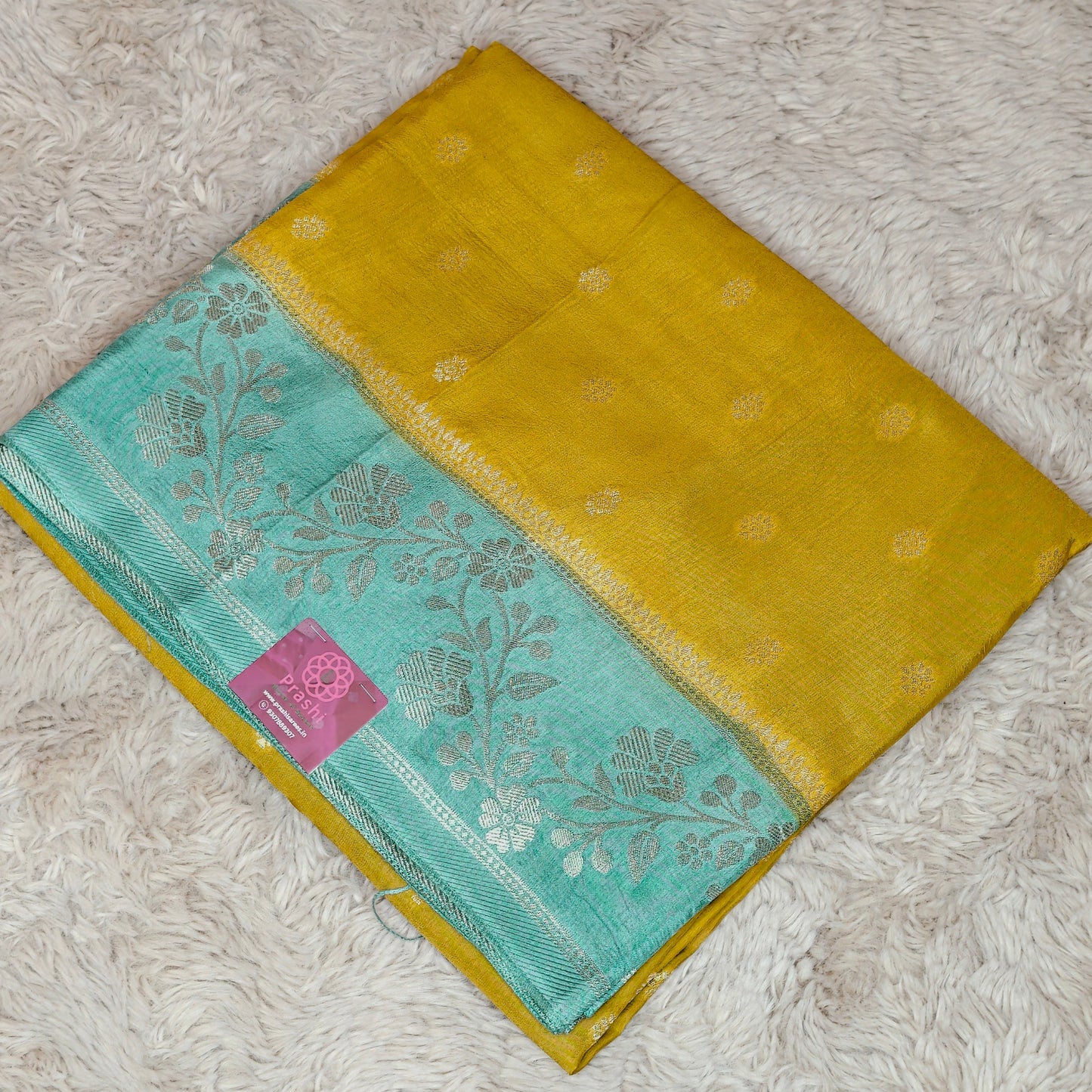 Yellow pure viscose border saree with buttas
