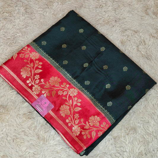 Bottle green pure viscose border sarees with buttas