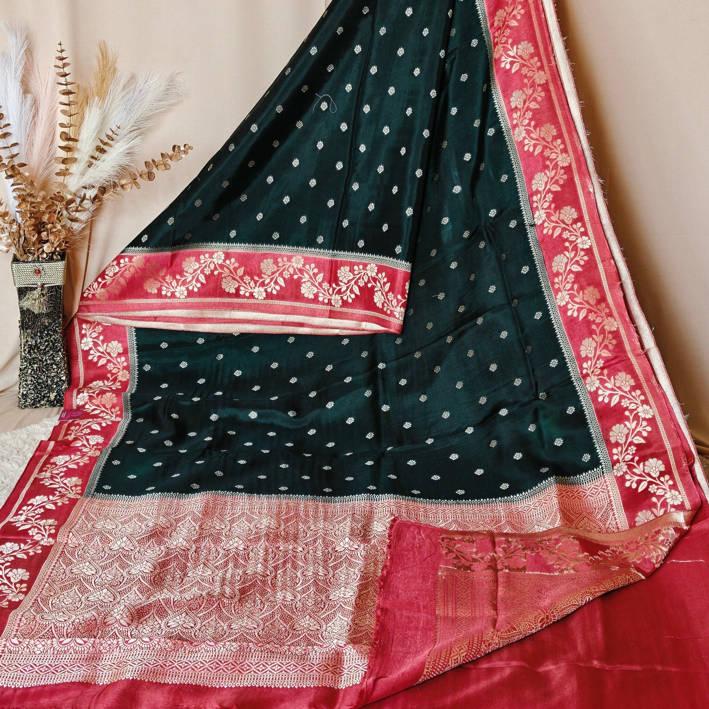 Bottle green pure viscose border sarees with buttas